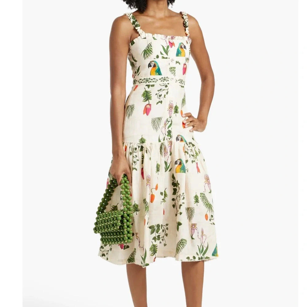 Agua by Agua Bendita Nispero Bouquet tiered printed linen midi dress size L - Picture 3 of 7